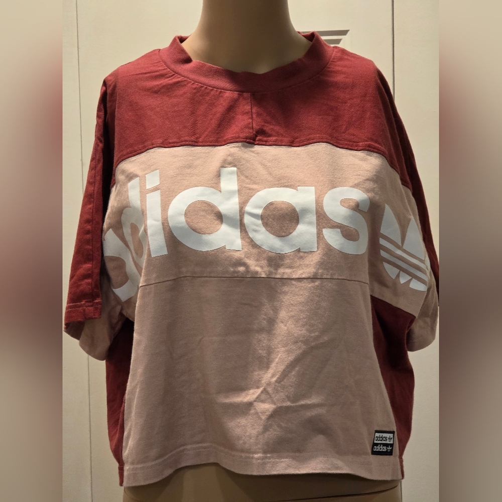 ADIDAS Originals Trefoil Logo Color Block Cropped Sporty Top T-Shirt Tee Size S